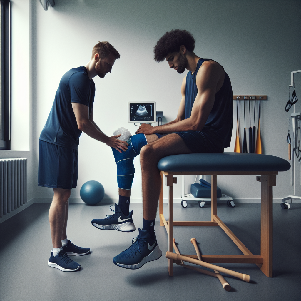 Zach Edey reabilitasiya otağında, diz sarğılı, Memphis yeniləməsi üçün illüstrasiya.