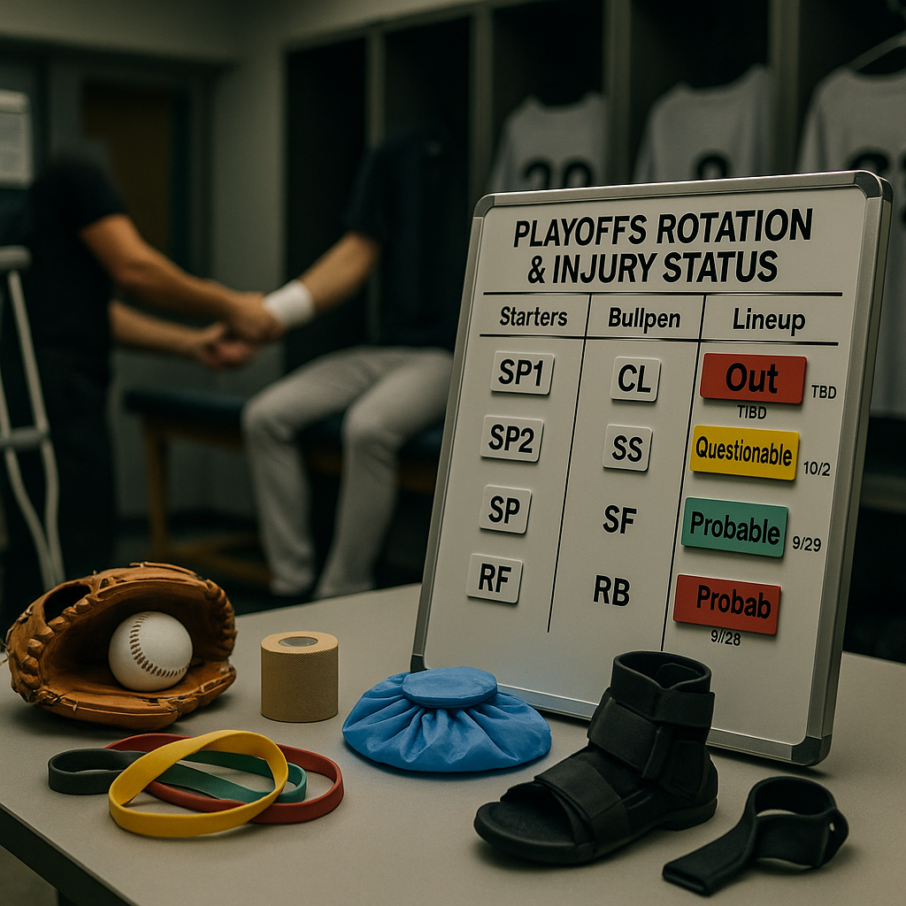Unbranded MLB clubhouse training room with a whiteboard showing rotation and injury statuses, crutches
