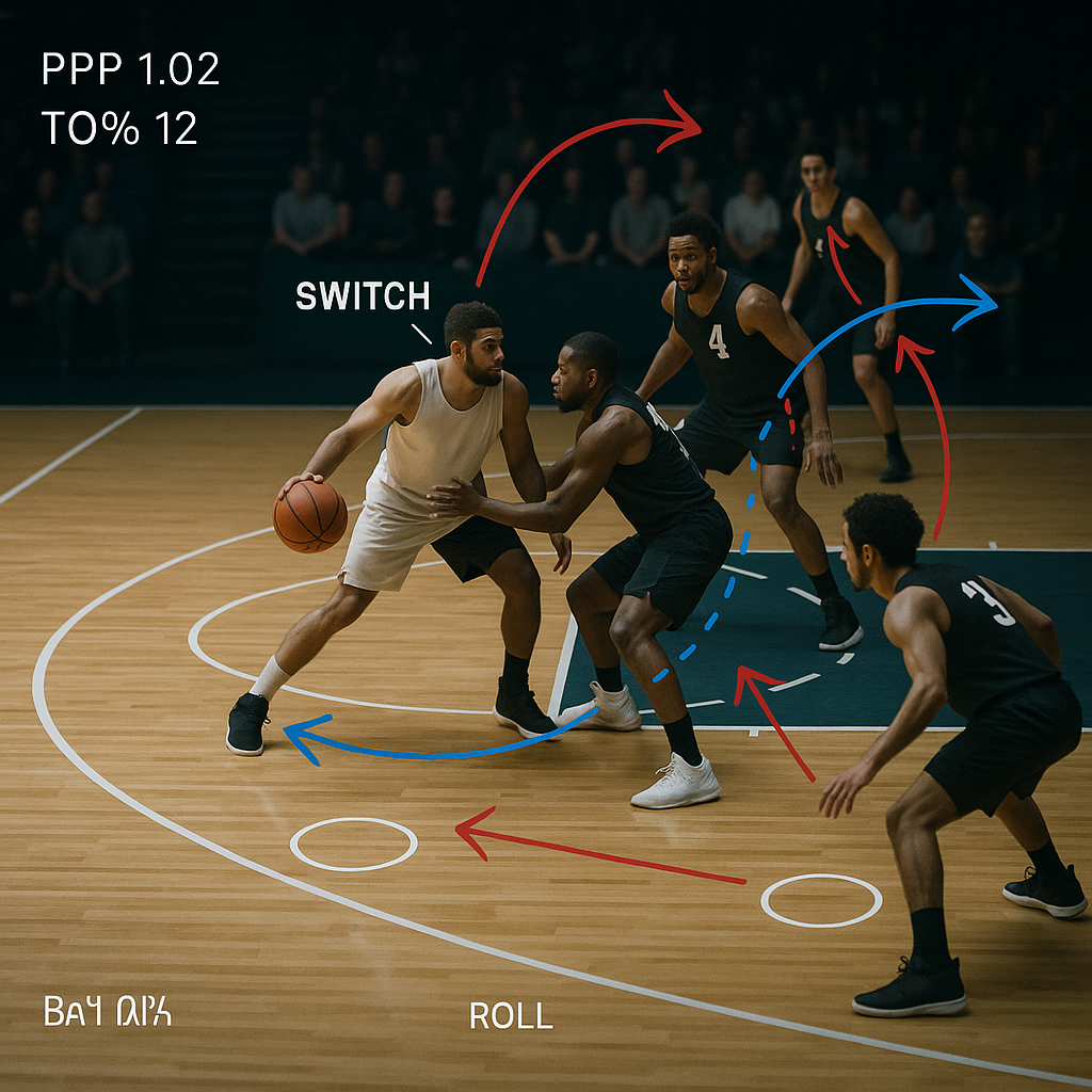 Sideline photo of a basketball pick-and-roll with a switching defense, featuring clean analytic arrows