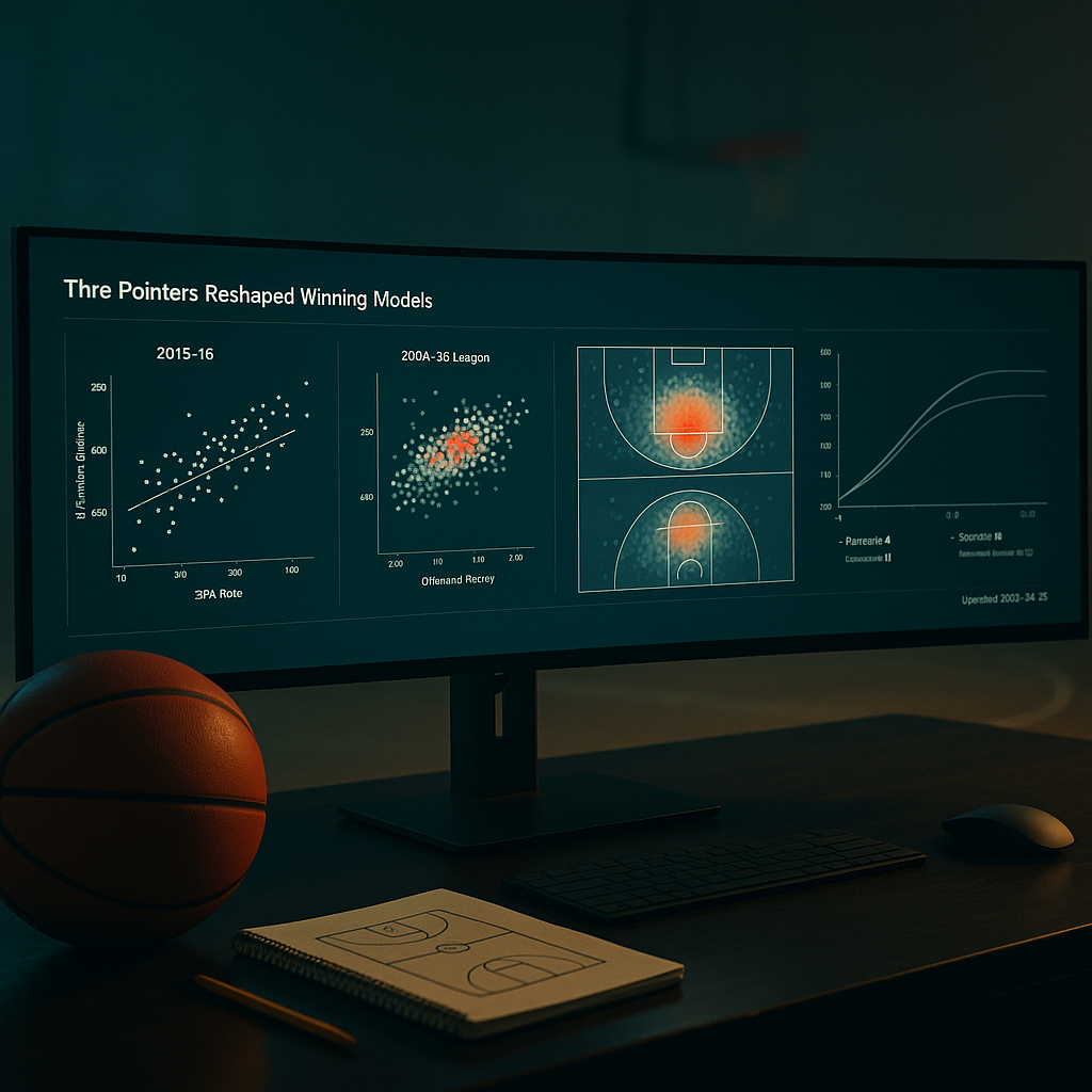 Photorealistic courtside still life for the site: low-angle close-up of the three-point arc on