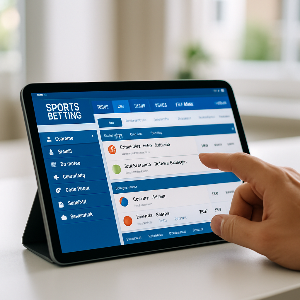 A tablet in landscape orientation displays a sports betting site layout, with a hand